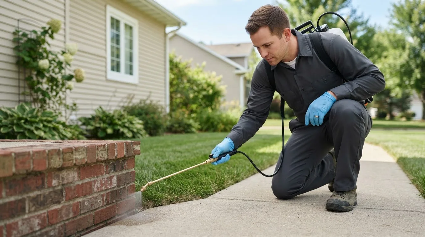 Pest control technician treating a home near Fawnskin, CA